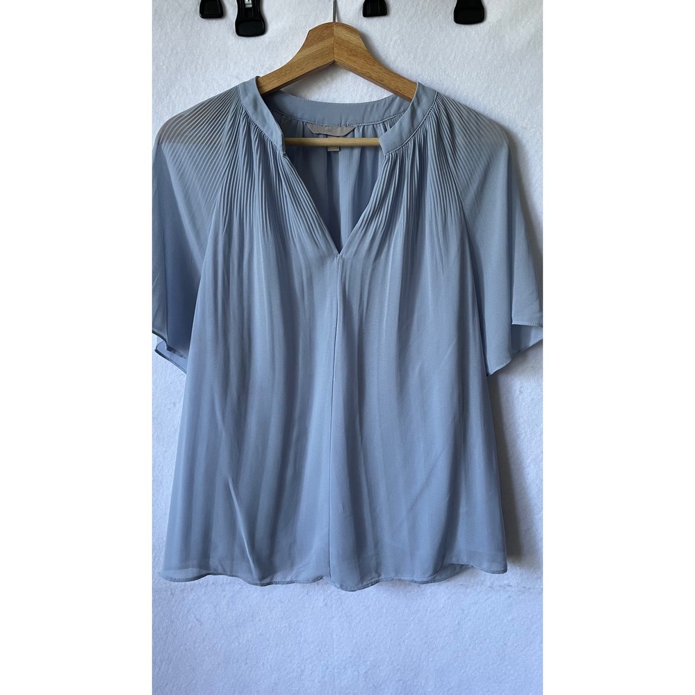 HM Light Blue Pleated Chiffon Blouse Short Flutter Sleeve V-Neck Top Size M